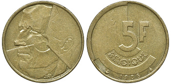 БЕЛЬГИЯ 5 ФРАНКОВ 1986 BELGIQUE KM 163 латунь или алюминевая бронза 72-1225