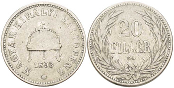 Венгрия 20 филлеров 1893 KB, Франц Иосиф I (1848-1916) KM 483 никель 117-812