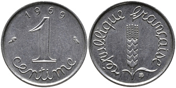 ФРАНЦИЯ 1 САНТИМ 1969 KM 928 хромированная сталь 99-1112