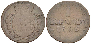 САКСОНИЯ 1 ПФЕННИГ 1806/795 Н/C, ФРИДРИХ АВГУСТ III (1763-1806) KM 1000 (С91) медь 206-359