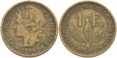 Французский Камерун 1 франк 1924 (а), монетный двор Париж KM 2 алюминиевая бронза 28-1153