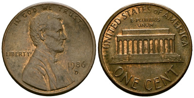 США 1 цент 1986 D, Линкольн KM 201b цинк плакированный медью 4136-269