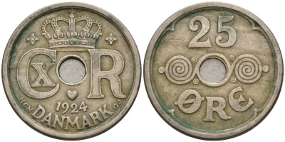 Дания 25 эре 1924 NCN; GJ Кристиан X (1912-1947) KM 823.1 медно-никель 4148-247