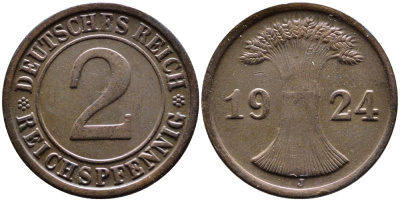 ГЕРМАНИЯ 2 РЕЙХСПФЕННИГА 1924 J KM 38, J. 314 бронза 4387-1144