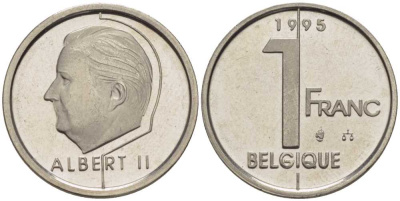 БЕЛЬГИЯ 1 ФРАНК 1995 BELGIQUE, АЛЬБЕРТ II (1993-) KM 187 железо плакированное никелем 206-232