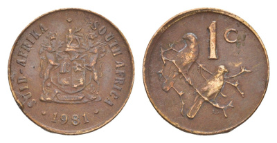 ЮАР 1 цент 1981 герб, капские воробьи KM 82 бронза 4651-814