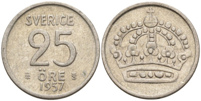 Швеция 25 эре 1957 TS, Густав VI Адольф (1950-1973) KM 824 серебро 4147-1055