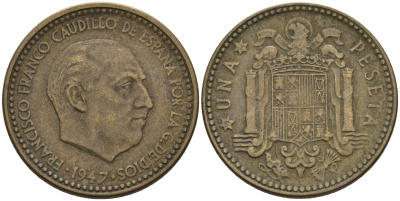 Испания 1 песета 1947 (54) Франсиско Франко (1939 - 1975) KM 775 алюминиевая бронза 4155-326