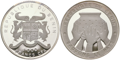 Бенин 1000 франков 1992 спасите страну, пять рук держат сосуд KM 1 серебро  PROOF  11-143-22