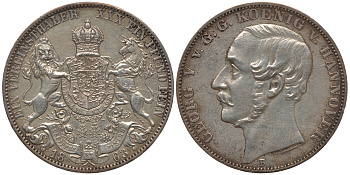 ГАННОВЕР 1 ТАЛЕР 1863 B, ГЕОРГ V (1851-1866) КМ 230, AKS 144 серебро 00-000-00