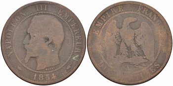 ФРАНЦИЯ 10 САНТИМОВ 1854 A, НАПОЛЕОН III (1852-1870) KM 771.1, LE FRANC 133.10 бронза 38-946