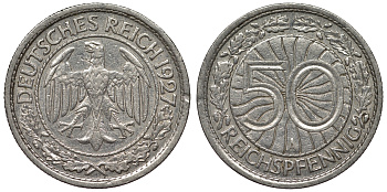 Германия 50 рейхспфеннигов 1927 A KM 49, J. 324 никель 4121-757