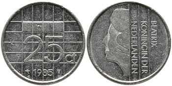НИДЕРЛАНДЫ 25 ЦЕНТОВ 1985 БЕАТРИКС KM 204 никель 96-1258