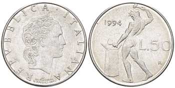 Италия 50 лир 1994 R, бог огня Вулкан у наковальни KM 95.2 нержавеющая сталь 4528-115