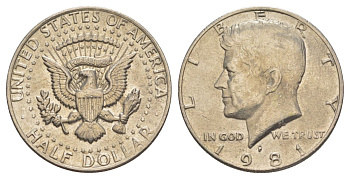 США 1/2 доллара (50 центов) 1981 P, Джон Кеннеди KM A202b медь плакированная медно-никелем aUNC 4517-521