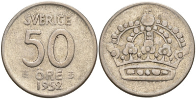 Швеция 50 эре 1952 TS, Густав VI Адольф (1950-1973) KM 825 серебро 4148-921