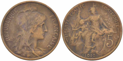 ФРАНЦИЯ 5 САНТИМОВ 1916 ТИП ДАНИЭЛЬ ДЮПЮИ KM 842, LE FRANC 119.28 бронза 108-955