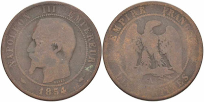 ФРАНЦИЯ 10 САНТИМОВ 1854 A, НАПОЛЕОН III (1852-1870) KM 771.1, LE FRANC 133.10 бронза 38-946