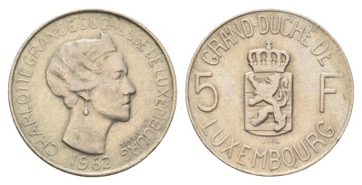 Люксембург 5 франков 1962 Великая герцогиня Шарлотта (1919-1964) KM 51 медно-никель 4671-947