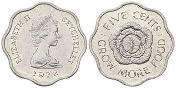 Сейшельские острова 5 центов 1972 FAO, цветок, Елизавета II (1952-2022) KM 18 алюминий UNC 4528-524