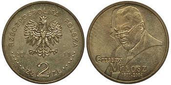 Польша 2 злотых 2011 Чеслав Милош (1911-2004) KM 785 латунь 111-445