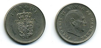ДАНИЯ 1 КРОНА 1964 C; S, ФРЕДЕРИК IX (1947-1972) KM 851.1 медно-никель 56-425