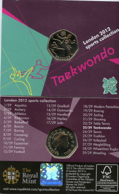 Великобритания 50 пенсов 2011 XXX летние Олимпийские игры в Лондоне в 2012 году, тхэквондо, в оригинальном картонном буклете, с Олимпийской голограммой (23/29) KM 1185 медно-никель  UNC  3-6-6-18