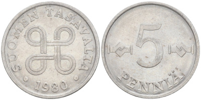 Финляндия 5 пенни 1980 KM 45а алюминий 187-443