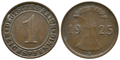 ГЕРМАНИЯ 1 РЕЙХСПФЕННИГ 1925 J KM 37, J. 313 бронза 4380-1131