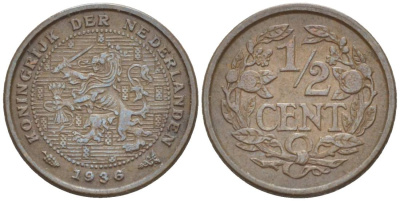 НИДЕРЛАНДЫ 1/2 ЦЕНТА 1936 ВИЛЬГЕЛЬМИНА I (1891-1948) KM 138 бронза 4547-1251