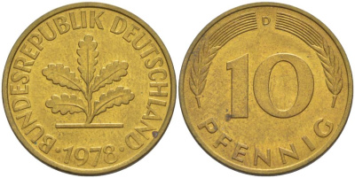 ФРГ 10 ПФЕННИГОВ 1978 D KM 108, J. 383 сталь плакированная латунью 219-521
