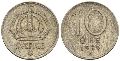 Швеция 10 эре 1949 Густав V (1907-1950) KM 813 серебро 3309-423