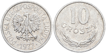 ПОЛЬША 10 ГРОШЕЙ 1977 MW KM АА47 алюминий 187-916