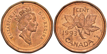 Канада 1 цент 1993 Елизавета II (1952-2022), кленовый лист KM 181 бронза 35-124