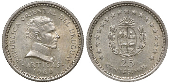 Уругвай 25 сентесимо 1960 KM 40 медно-никель 4169-1043