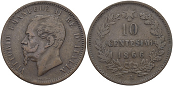 ИТАЛИЯ 10 ЧЕНТЕЗИМО 1866 N, ВИКТОР ЭММАНУИЛ II (1861-1878) KM 11.4 медь 97-1016