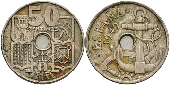 Испания 50 сентимо 1949 (51) Франсиско Франко (1939-1975) KM 777 медно-никель 4605-753