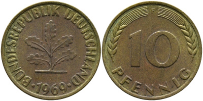ФРГ 10 ПФЕННИГОВ 1969 F KM 108, J.383 сталь плакированная латунью 98-426