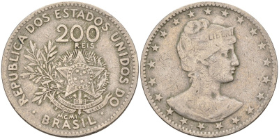 Бразилия 200 рейс 1901 голова свободы вправо KM 504 медно-никель 4589-1117