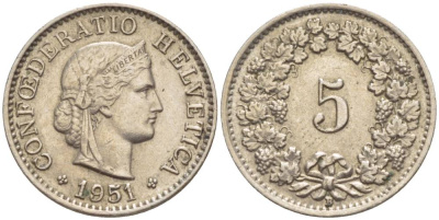 ШВЕЙЦАРИЯ 5 РАППЕНОВ 1951 В KM 26 медно-никель 4532-946