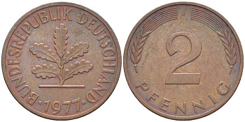 ФРГ 2 пфеннига 1977 J KM 106а, J.381а сталь плакированная медью 116-335