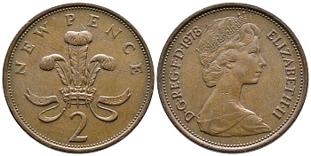 Великобритания 2 пенса 1978 Елизавета II (1952-2022) KM 916, Spink 4235 (C1) бронза 87-727