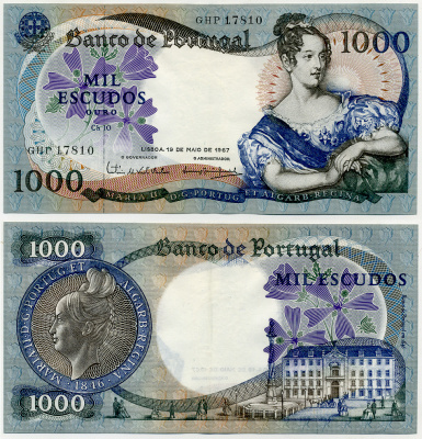 Португалия 1000 эскудо 1967 королева Мария II, Центральный банк Pick 172a бумага aUNC 8564-8-1