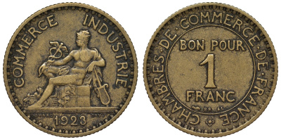 Франция 1 франк 1923 тип Chambres de Commerce KM 876, Le Franc 218.5 алюминиевая бронза 4128-314