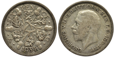 Великобритания 6 пенсов 1934 Георг V (1910-1936) KM 832, Spink 4041 серебро 4538-354