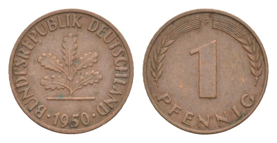 ФРГ 1 пфенниг 1950 F KM 105, J.380 сталь плакированная медью 4630-844