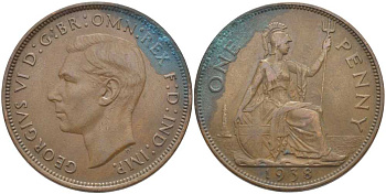Великобритания 1 пенни 1938 Георг VI (1936-1952) КМ 845, Spink 4114 бронза 115-335