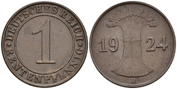 Германия 1 рентенпфенниг 1924 D KM 30, J.306, Weege 1 медь 4585-543