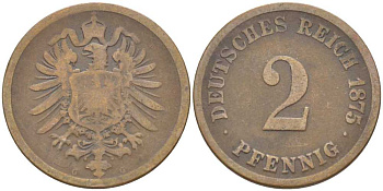ГЕРМАНИЯ 2 ПФЕННИГА 1875 G, СТАРОГЕРБОВКА KM 2, J. 2 медь 175-237