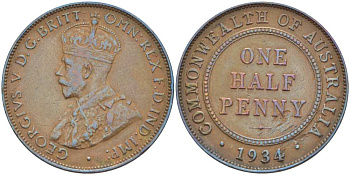 АВСТРАЛИЯ 1/2 ПЕННИ 1934 m, ГЕОРГ V (1910-1936) KM 22 бронза 4514-622